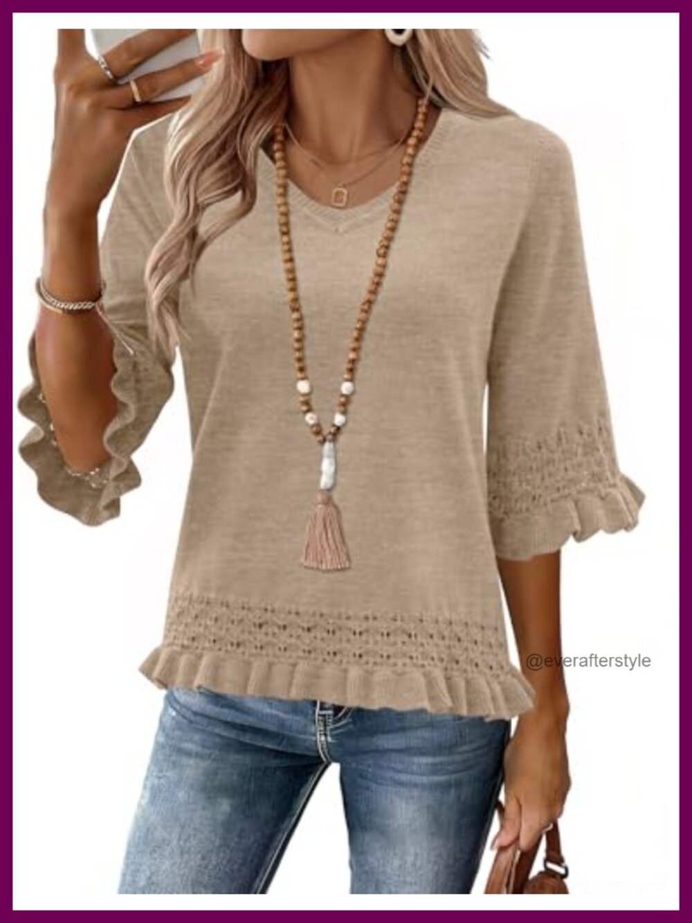 Womens Peplum Sweater 3/4 Sleeve V Neck Lace Trim Pullover Top